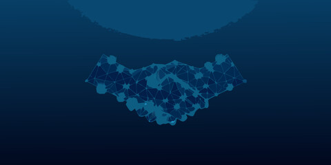Blue wireframe handshake formed from polygonal mesh against a dark background high quality professional detailed © Tapas