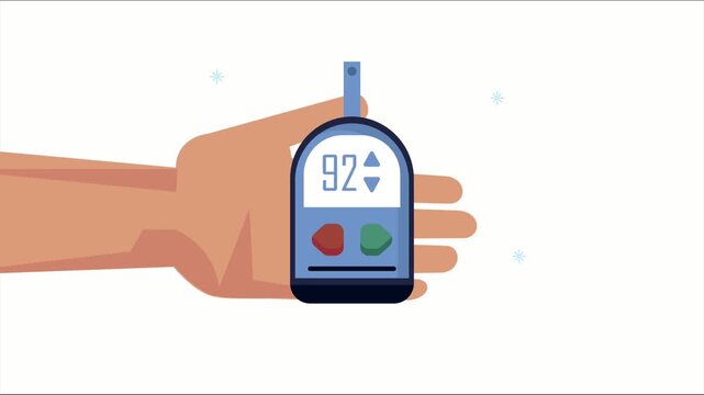Hand holding blood glucose meter showing 92 on screen, medical device footage.