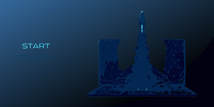 Low poly wireframe rocket launch with glowing blue energy trail digital illustration high quality professional