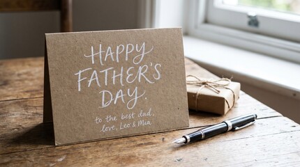Happy Father's Day card with gift and pen on wooden table