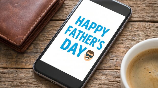 Smartphone displaying Happy Father's Day message with coffee and wallet on wooden table