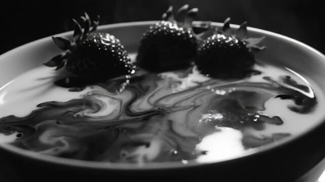 Black and white video of pouring dark liquid onto milk with strawberries creating abstract patterns in the bowl