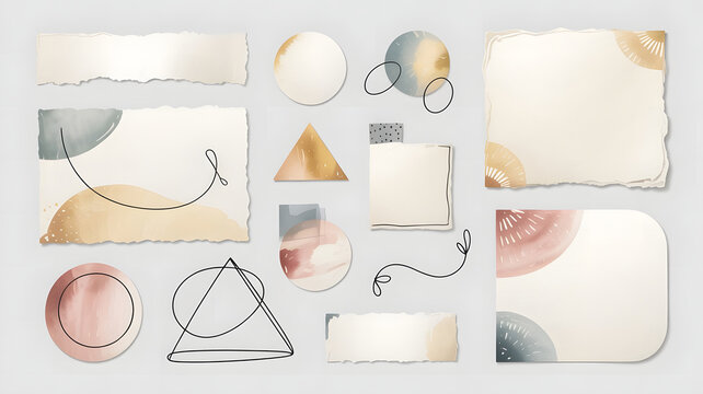 A collection of minimalist decorative elements arranged in a flat lay composition against a transpar