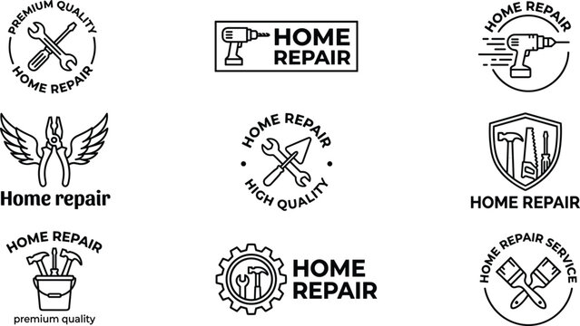 Home repair logo badge vector set featuring tools shield wings and maintenance service branding elements