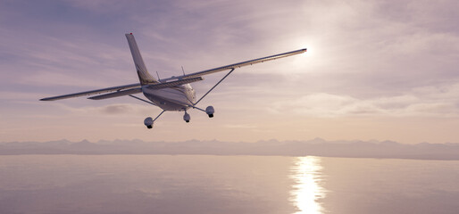 Naklejka premium Light Aircraft Flying Over Calm Sea At Sunset With Soft Clouds — 3D Rendering