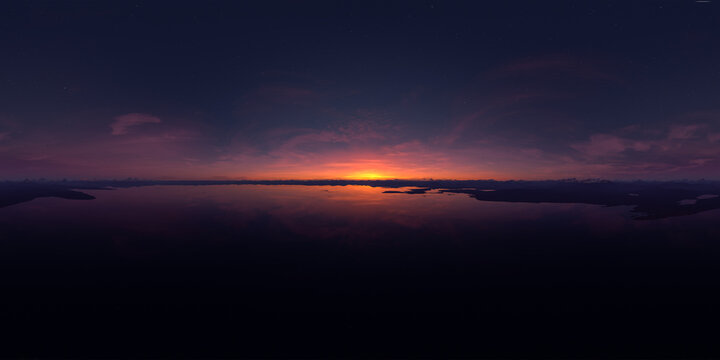 Panoramic Twilight Sunset Over Calm Sea With Reflective Water and Distant Islands &mdash; 3D Rendering