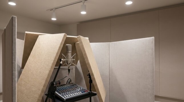 Professional recording studio with microphone and audio mixer in neutral beige tones