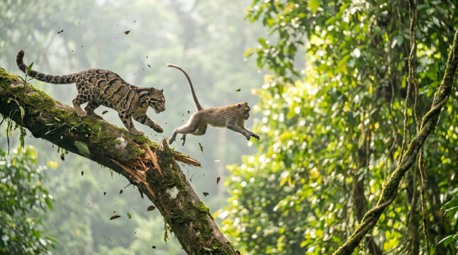 Clouded leopard vs macaque monkey on mossy rainforest branch, predator vs prey behavior, copy space left side