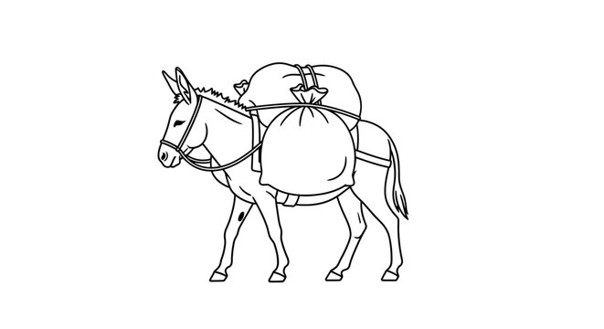 Donkey, pack mule, line art, black and white, vector illustration, animal, transportation