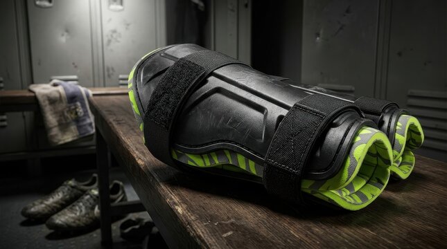 Black and green athletic shin guard with adjustable straps, resting on a wooden surface