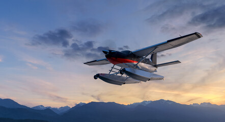 Floatplane Seaplane Flying Over Mountain Landscape at Sunrise Near British Columbia, Canada — 3D Rendering © edb3_16