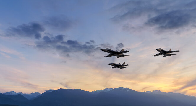 Three Fighter Jets in Formation Over Mountain Sunset &mdash; 3D Aircraft Rendering With BC, Canada Background
