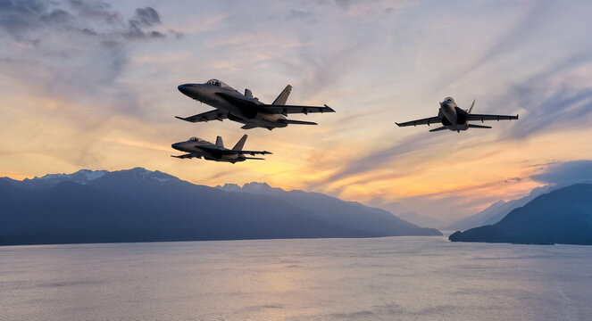Three Fighter Jets Flying at Sunset Over BC Coastal Mountains and Ocean, 3D Aircraft Rendering