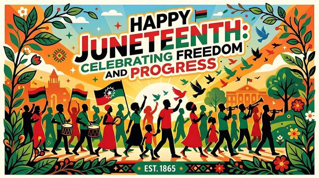 Happy juneteenth celebrating freedom and progress poster with diverse people.