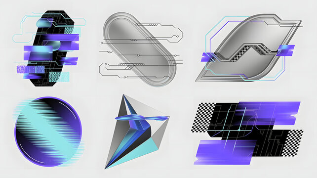 A collection of futuristic decorative design elements arranged as individual PNG objects with transp