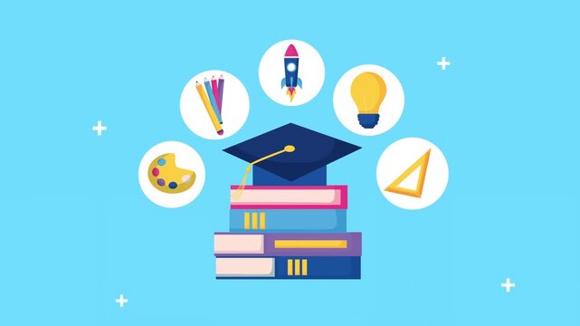 Educational materials including stacked books with a graduation cap and various school supplies appearing in a dynamic motion graphic.