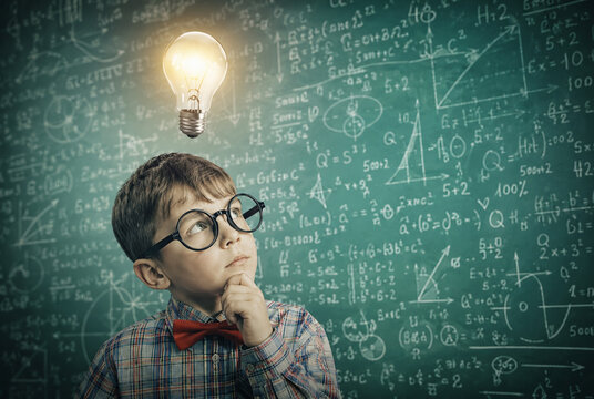AI generated thoughtful child glowing idea surrounded by equations symbolizing education intelligence creativity problem solving