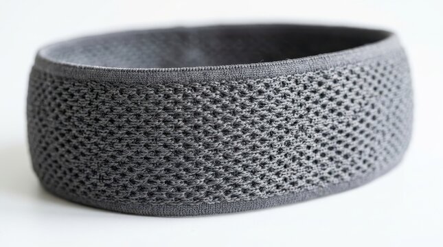 Close-up view of grey knitted fabric with a detailed texture, showcasing a breathable mesh pattern and soft material.