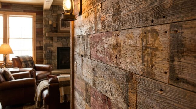 Close-up of a heavily distressed reclaimed barn wood wall with rustic texture and natural patina, creating a warm interior ambiance.