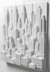 Naklejka premium Detailed white paper diorama depicts a dense cityscape with skyscrapers and buildings, resembling a miniature architectural model.