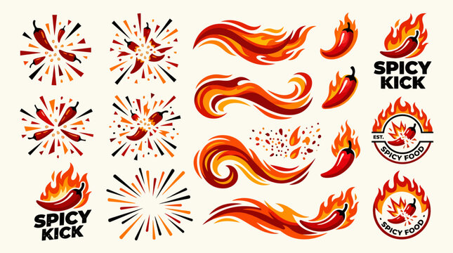 Spicy chili pepper logo collection featuring fire flames and explosive elements for restaurant branding in a flat vector style.