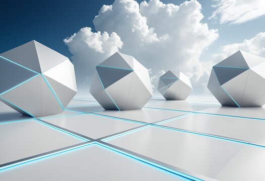 Futuristic abstract background representing cloud data redundancy and distributed storage infrastructure with glowing digital cubes and secure network synchronization