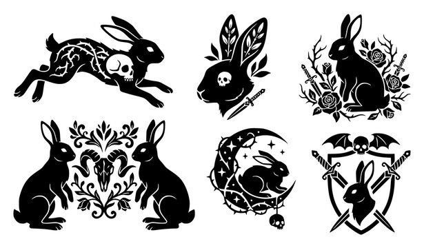 Gothic rabbit silhouette bundle vector spooky sticker illustration set