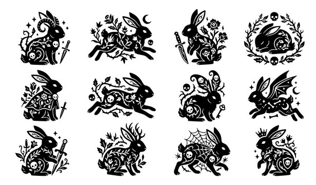 Spooky rabbit silhouettes with skulls and gothic elements vector set