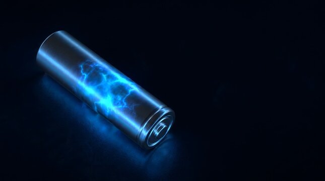 Glowing battery, technological energy concept Top view battery energy cell macro shot &mdash; rechargeable lithium power source technology