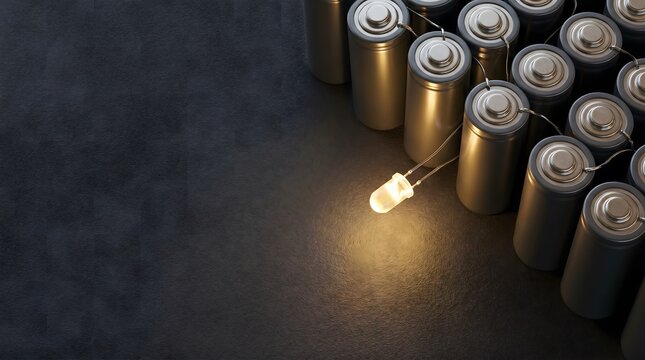 Energized LED connected with batteries, electricity and power concept Top view battery energy cell macro shot &mdash; rechargeable lithium power source technology