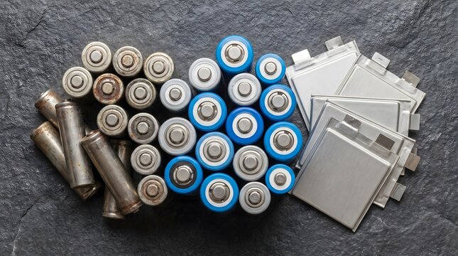 Batteries of various types, energy storage and technology Top view battery energy cell macro shot &mdash; rechargeable lithium power source technology