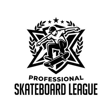 Dynamic Black and White Emblem of a Skateboarder Executing a Stunt for League Branding