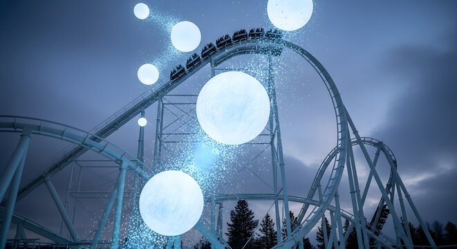 Roller coaster train ascends a track with glowing orbs and sparkling particles in the night sky.