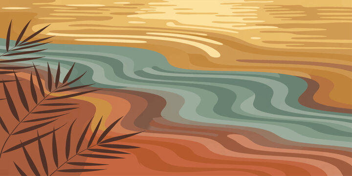 A stylized vector illustration featuring a serene tropical beach with gentle ocean waves, a palm tree, and warm sunset lighting in a minimalist flat design.