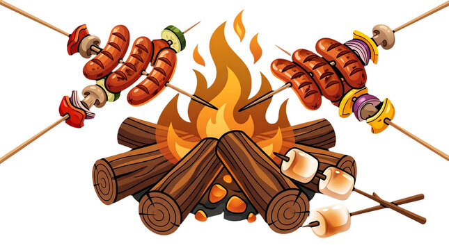 Cartoon campfire with sausages and marshmallows on sticks on transparent background depicting outdoor summer camping scene with burning logs and grilled treats for family leisure illustrations.