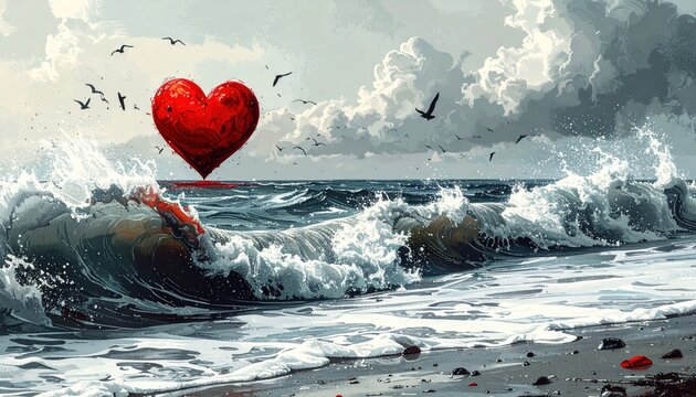 Red heart floats above turbulent ocean waves, birds flying overhead