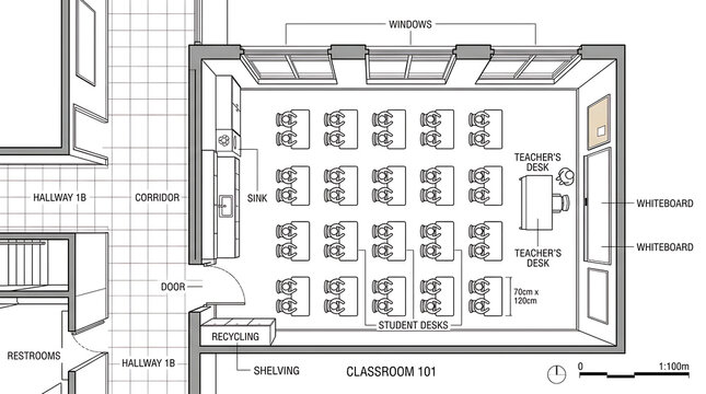 A detailed architectural floor plan of a modern classroom building layout