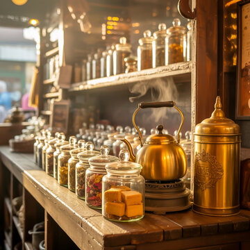 A nostalgic photograph of a traditional apothecary counter with jars and a kettle