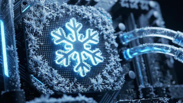 Frozen Circuitry: A striking close-up of a computer processor, adorned with intricate frost patterns and glowing with a cool blue light, hints at advanced cooling technology.