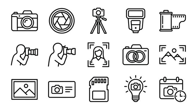 Essential photography concept line icons, featuring camera gear, shooting techniques, and creative ideas for capturing memorable moments and visual narratives