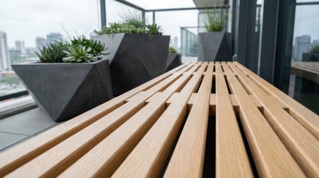 Close-up of a light oak slatted bench on an urban balcony with modern planters and greenery
