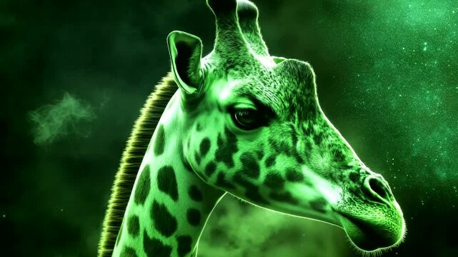 Green Giraffe Portrait Against Cosmic Background