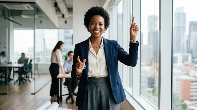 A smiling Black woman stands confidently in a modern office. She wears a navy blue blazer over a white shirt and gray skirt.