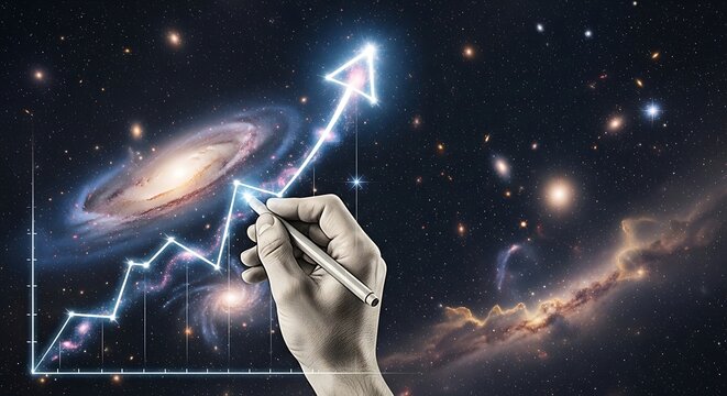 Business Growth Chart in Space, Hand Drawing Rising Arrow Against Galaxy