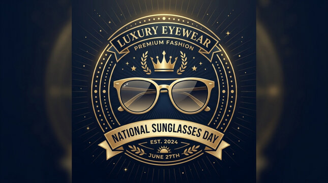 Luxury eyewear logo for national sunglasses day on dark blue background with gold accents