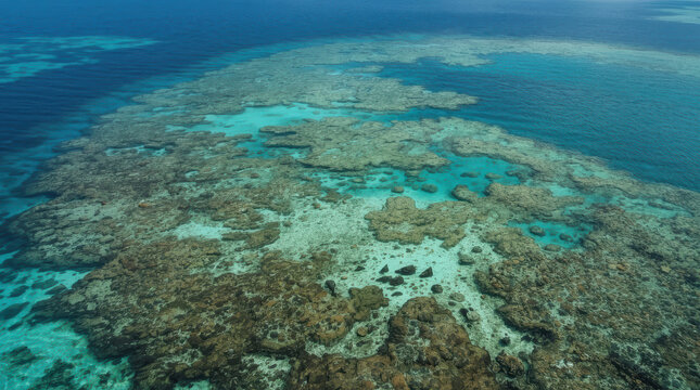 Tropical coral reef lagoon aerial view with turquoise water and shallow reef pools