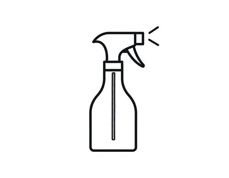 A simple outline drawing of a plastic spray bottle with a trigger. Lines define the form; droplets emanate from the nozzle