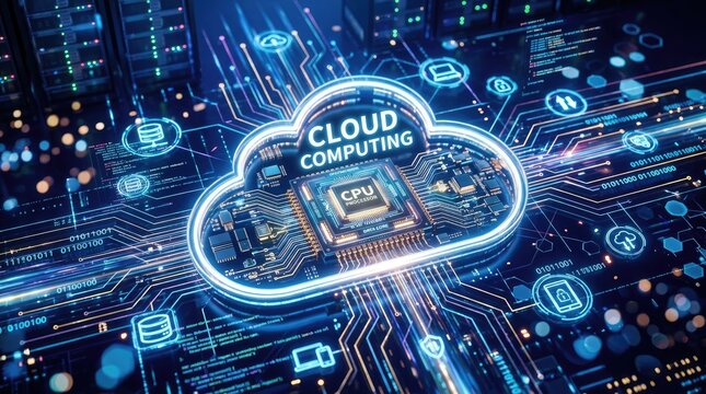 A futuristic digital illustration showcases cloud computing. A central CPU chip is overlaid with a stylized cloud graphic, prominently displaying the text "CLOUD COMPUTING".
