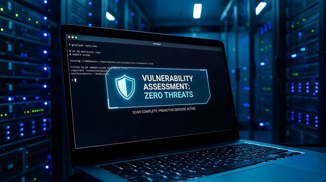 Laptop displays vulnerability assessment on screen in server room interior