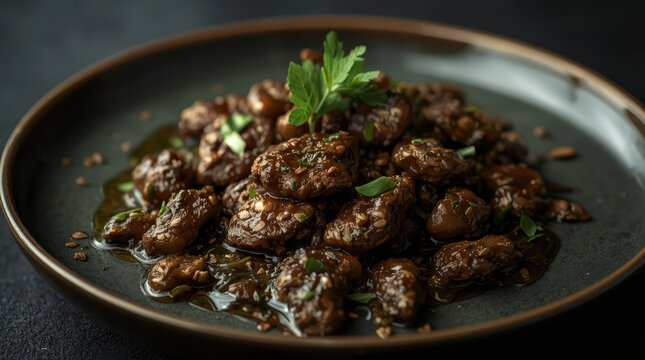 Glazed tempeh bites with herbs and sesame seeds in dark savory sauce